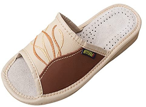 APREGGIO - Zapatillas de Estar por Casa para Mujer en Piel Lisa - Pantuflas Puntera Abierta - Sin Cordones - Hechas a Mano - Suela de cuña Ligera - Marrón - Talla 41 EU