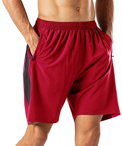 HMIYA Herren Sport Shorts Schnell Trocknend Kurze Hose mit Reißverschlusstasch (Rot,L)