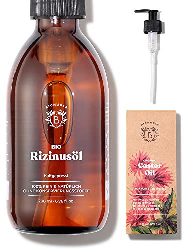 Bionoble Huile de Ricin Bio 200ml - Huile Pousse Cheveux, Cils, Sourcils, Barbe, Ongles - Huile Cheveux - 100% Pure, Naturelle et Pressée à Froid - Vegan Castor Oil - Bouteille en Verre + Pompe