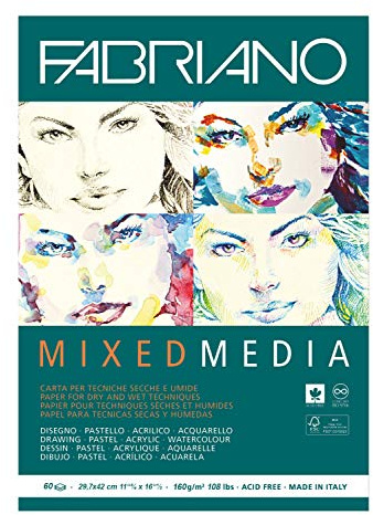 Fabriano Mixed Media Künstlerpapier Block, DIN A3, 60 Blatt 160 g/m², säurefrei mit natürlicher Körnung, geeignet für nasse und trockene Maltechniken
