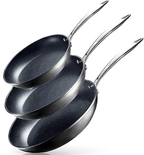 Granitestone - Juego anodizado duro, Sartén de 8, 10 y 12, libre de PFOA, aptas para horno, lavavajillas y utensilios de metal, sartenes antiadherentes, 3 piezas, negras