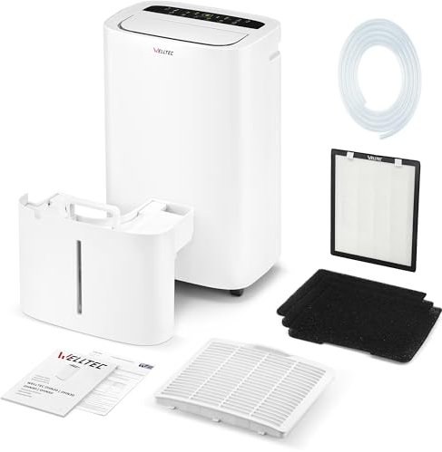 Welltec DHN20 Luftentfeuchter | max. 20 l/24h | für Räume von 40 m² | Luftreiniger mit HEPA H13-Filter | Kondensatablasspumpe | WLAN | großer Tank (6 Liter) | Swing-Modus | Luftstrom max. 300 m³ / h