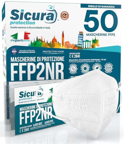 50 Mascherine FFP2 Certificate CE Made in Italy SICURA BFE ≥99% Mascherina Produzione italiana e Sanificata EN 149:2001+A1:2009