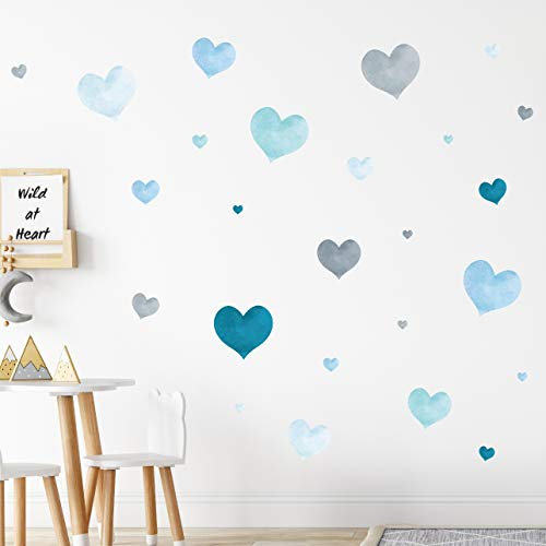 tjapalo® 160St Aquarell wie gemalt Wandtattoo Herzen blau Pastell Wandtattoo Kinderzimmer Herzen Wandsticker, Farbe: v84 Blau