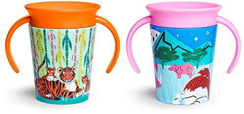 Munchkin Miracle 360°-Trinkbecher für Babys und Kleinkinder, 2er-Set, BPA-freier Trinklernbecher mit Henkel, auslaufsicher & spülmaschinenfest - 177 ml, Nashorn/Tiger