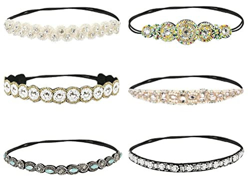 6 Stück Elastisches Haarband Kopfkette für Damen, 6 Stil Haarreife Kristall und Strass Handgemachtes