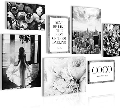 Novart Wandbilder Fashion Coco New York - KOMPLETT AUFHÄNGFERTIG - Schwarz Weiss Wohnzimmer Mädchen Teenager - 7 Moderne Mood-Bilder - N016271b