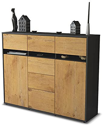 Stil.Zeit Highboard Kommode Viviana, Korpus anthrazit matt, Front Holz-Design Eiche (136x108x35cm), Push-to-Open Technik & Leichtlaufschienen