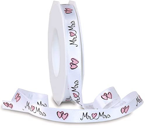 finemark 20 m x 15 mm Dekoband Mr Mrs Weiss ROSA Herz Geschenkband Hochzeit Wedding Satinband für Hochzeitsgeschenk Hochzeitsalbum Schleifenband Hearts Satin ohne Draht