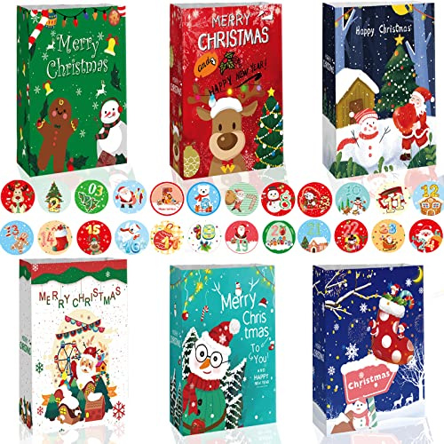 Christmas Paper Gift Bags, AUERVO 24 Pcs Xmas Gift Paper Bags 6 Christmas Themed Designs with 24 Calendar Stickers for Xmas Party Favors and Decorations
