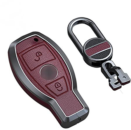 KUNIO Autoschlüssel Hülle Cover Passt für Mercedes Benz BGA AMG W203 W210 W211 W124 W202 W204 W205 W212 W176 W213 Leder Schlüsseletui Schlüsselanhänger Schlüssel Etui 2 Tasten D Rot