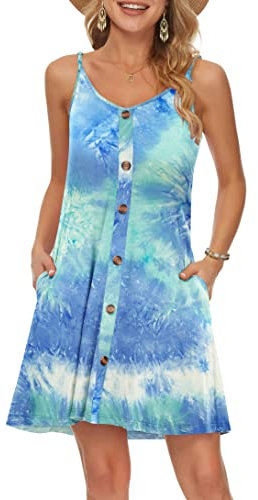 WNEEDU Vestido Mujer Verano Playa Correa Vestidos Corto Cuello en V Casual con Bolsillos Teñida Azul Verde Blanca M
