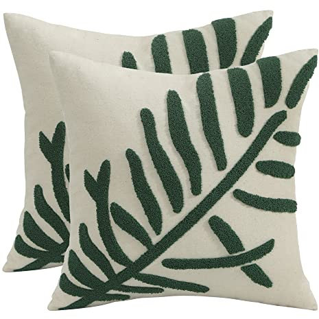 Tosleo Federe decorative 45,7 x 45,7 cm, confezione da 2 federe per cuscino ricamate con foglie tropicali verdi in cotone per cuscini in stile bohémien, decorazione per la casa, quadrata floreale
