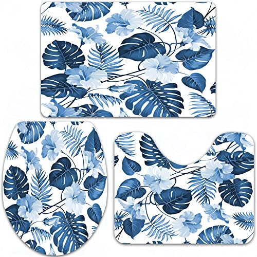 URSOPET Badteppich-Set 3-teilige, rutschfeste,Blatt, Palme und Mangozweig und Bild der Hawaii-Hibiskusblüte, hellblau,rutschfeste Badematte, U-förmiger Konturteppich und Toilettendeckel
