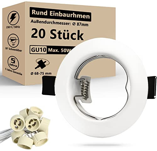 HiBay Projecteurs Spot Encastrable GU10 Blanc,20x Cadre De Montage Spot Encastrable 65-68mm Avec Douille GU10,Cadres pour Ampoules LED,MR16 ou Halogènes 220V-240V