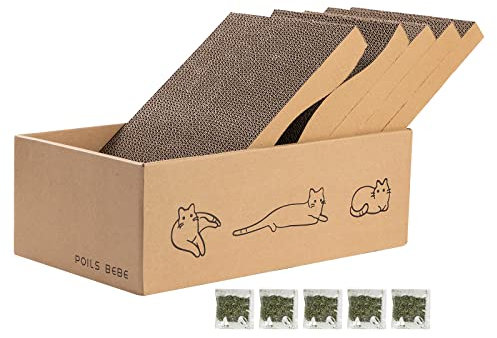 Poils bebe 5 rascadores de gatos con caja, rascadores reversibles para gatos de interior, rascador de gatos de cartón con hierba gatera, 2 tablas curvas y 3 planas para rascar la cama