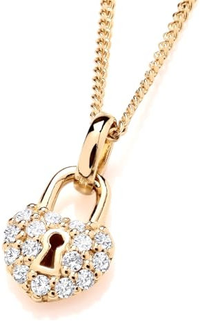 Old English Jewellers 9ct Yellow Gold on Silver Cubic Zirconia Small Padlock Pendant Necklace + 16 18 20 inch Chain (20)