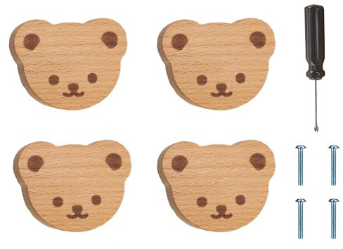 ED-Lumos 4Pcs Schrankknöpfe Bär mit Mimik Tiere Holz Design Schublade Griffe für Haus Küche Schlafzimmer Kleiderschrank