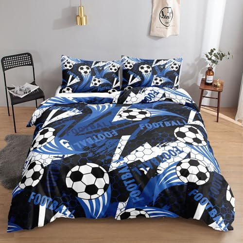 HOSIMA Bettwäsche-Set für Fußball für Erwachsene, Jungen und Mädchen,Karikatur-Fußball-Aufdruck, Bettbezug mit 2 Kissenbezügen (Karikatur-Fußballs05 S)