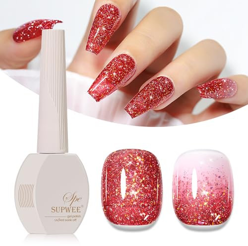 SUPWEE Glitter Gel Nail Polish, 15ml Red Reflective Glitter Gel Polish Sparkly Shiny Gels Soak Off UV Gels Holographic Effect for Nail Art Manicure Salon DIY At Home