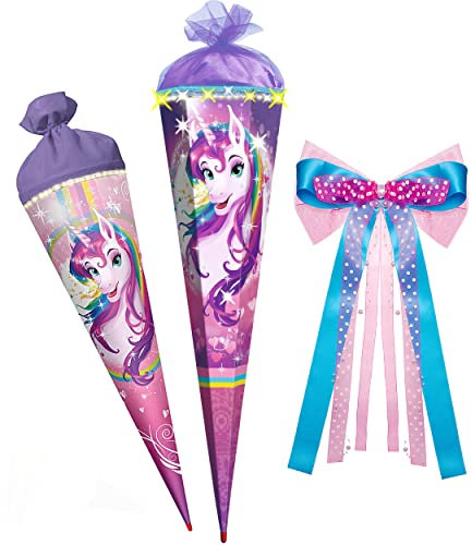 alles-meine.de GmbH Schultüte mit Glitzer ! Einhorn/Regenbogen Unicorn - 35-100 cm - Größe wählbar - mit Holzspitze - rund - incl. große 3D Effekt Schleife - Filzabschl..