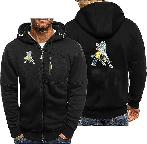 CLMETHE Herren-Kapuzenjacken mit durchgehendem Reißverschluss für Rick and Morty bedruckte Sweatshirts, Sport-Fitness, lange Ärmel, Kapuzenpullover, lässige modische Mäntel mit Taschen,A-XL