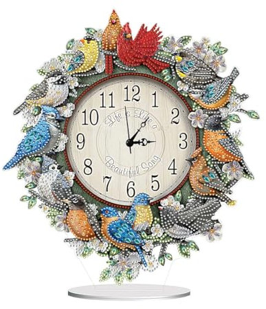 ENCOMAG DIY Diamond Painting Tisch Deko,Uh-r Bilder 5D Diamant Malerei Tischdeko,Diamant Painting Stehend Kunst,Deko Ornamente für Anfänger Zuhause,Büro Dekoration,Geschenke (Vogel girlande)