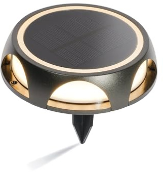 Esotec Solar Bodenleuchte Wandleuchte Wegmarkierung Iris, Aluminium 102937 | Solar Bodenleuchte Ø14xH3,3cm, Aluminium schwarz, 3000K, 60/160/200lm, 30Std, 1500mAh LiFePO4 Akku wechselbar, 0,8Wp