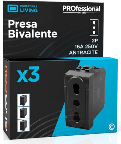 Presa Elettrica Italiana 2P+T Bivalente 10/16A 250V Compatibile con BTicino Living Presa di Corrente Bipasso Pluristandard da Muro Frutti Elettrici Colore Antracite - Confezione da 3