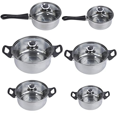 CRBUDY 6 Pots 12 Piece Stainless Steel Pots and Pans Casserole Pot Cookware Set with Glass Lid (D D