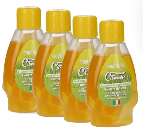 Set 4 Deodoranti Liquidi alla Citronella per Ambiente – Profumatore per Terrazzo, Balcone e Giardino con Olio Essenziale di Citronella ed Eucalipto – Made in Italy – Durata 4-6 Settimane