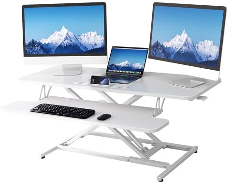 ERGOMAKER Steh-Sitz Schreibtischaufsatz Höhenverstellbar, Stehpult Aufsatz Schreibtisch 106 X 40CM Desktop Erhöhung mit Tastaturablage Für Zwei Monitore,Weiß