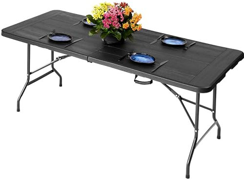 NOVECRAFTO 6ft Folding Table, Functional Indoor and Outdoor Foldable Trestle Table with Wood Grain Pattern, Heavy-Duty Black Table Surface 70.8x29.5 In (180x75cm) with Steel Frame - Easy to Fold and S