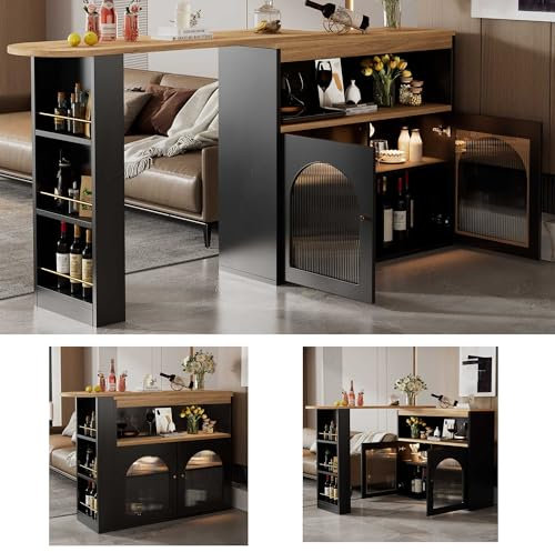 NIUAWASA Moderner Ausziehbarer Bartisch, Ausziehbarer Esstisch mit Stauraum, Stehtisch Bistrotisch mit 1m langem LED Lichtstreifen -Einstellbare Lichtfarbe, Drehbar für Esszimmer, Schwarz