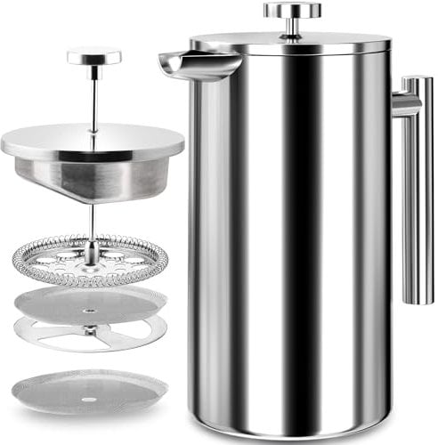 KICHLY 1000ml Stainless Steel French Press - Double Wall Coffee Press - Stainless Steel Plunger Coffee & Tea Maker (Silver, 1.0 Ltr, Pack of 12)