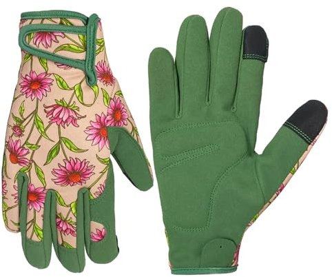 OIZEN Gartenhandschuhe für Frauen und Männer, Touchscreen Gartenhandschuhe, Dornenfeste und Durchstichfeste Arbeitshandschuhe, Gartengeschenke für Frauen, Größe Klein (grüne rosa Blume, M)