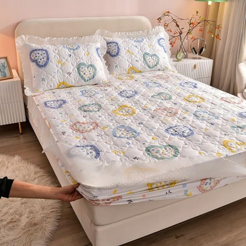 Homxi Fitted Sheet und 2 Kissenbezüge,(180 x 200 x 30 cm),Bettlaken Elastisch Bedruckte Herz mit Spitze Spannbetttuch mit Bunt Weiß
