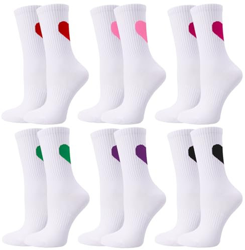 Utensilsto 6 Paar Herz Tennissocken für Damen Weiss Sportsocken mit Herz 39-42 Weiß Tennis Socken Crew Socks Laufsocken Sport Socken Arbeitssocken
