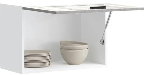 Moderner grauer Küchenhängeschrank mit Holzkonstruktion und reichlich Stauraum