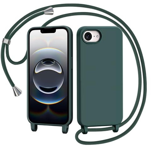 AOMYKE Coque pour iPhone 16e avec Cordon, Liquide avec Tour de Cou Lanière en Corde Souple TPU Antichoc Housse - Vert foncé