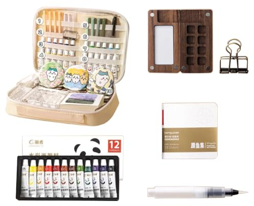 Tragbare Gouache Farben Set, Mini Aquarell Paletten Set Holz Reise, Mini Palette Watercolor Reise Set Acrylmalerei Kommen Mit Aquarellpapier Journal, Aquarellpinsel Stifte Und EIN Clip (A)