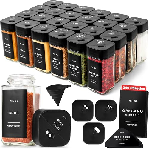 EDELHAUS Gewürzgläser Eckig Set mit Deckel (24 x 120ml) Gewürzstreuer mit Streueinsatz und 240 Schwarzen Etiketten - Hochwertige Gewürzbehälter, Gewürzdosen (24x Gewürzstreuer Deckel)
