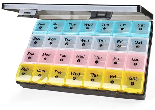 FHORAIN Monthly Pill Organiser, XL 28 Day Medicine Box, 4 Week Compartments for Vitamins and Supplements, Multicolor with Easy Open Design