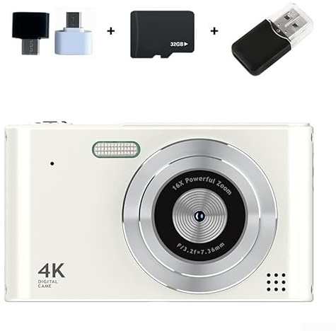 Fotocamera digitale compatta 4K con sensore di immagine da 48 MP, zoom digitale 16x, schermo da 2,4 pollici, funzione anti-shake e time lapse per acquisizione video migliorata (bianco 32G)