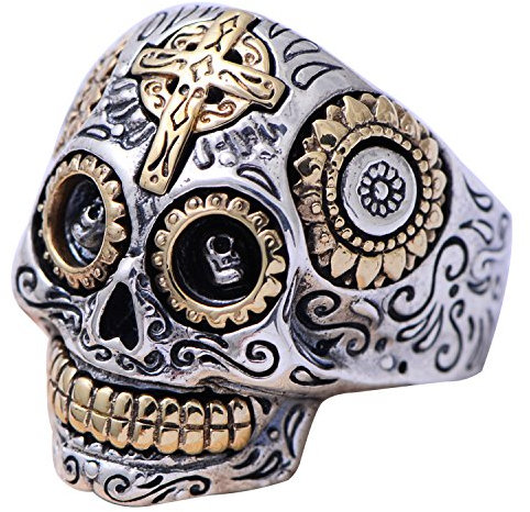 Zweifarbig Echt 925 Sterling Silber Mexikanischer Zucker Totenkopf Ring Gothic Biker Schädel Schmuck für Herren Damen Größe 70