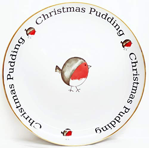 Fat Robin Christmas Pudding Platter 31 cm 12 Gilded Porcelain Round Serving Plate Hand Decorated UK