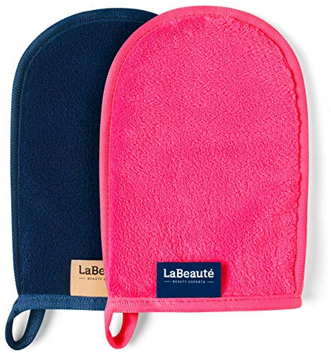 LaBeauté Abschminkhandschuh Mikrofaser (2 Stück, 20x13 cm) waschbar und wiederverwendbar, Make Up Entferner Glove, Abschmink Handschuh, zum Gesicht Abschminken & Gesichtsreinigung (navy/pink)