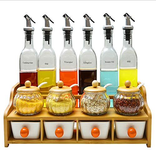 AIZYR Spice Rack Organizer with Jars, Wood Spice Racks Free Standing - Seasoning Tank Set, Salt Shaker/Glass Seasoning Bottle/Seasoning Box