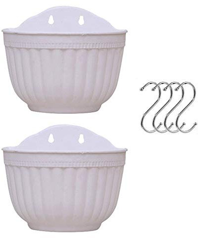 Set of 2 Pcs Hanging Planters outdoor Wall Hanging Planter Plastic Flower Pot for Balcony Fence Wall Mounted Planters with Drainage and 4 Hooks (white+white)
