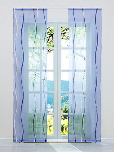 ESLIR 2er Set Flächenvorhänge Schiebegardinen Voile Gardinen mit Klettband Schiebevorhang Transparent Vorhang Wellen Muster Blau BxH 57x145cm 2 Stück